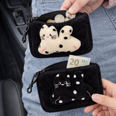 Cute Cat Plush Coin Pouch – Mini Zipper Wallet with Clip