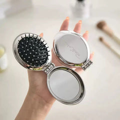 Mini Folding Round Hairbrush with Pocket Air Cushion & Double Sided Cosmetic Mirror ABS Material Personalized