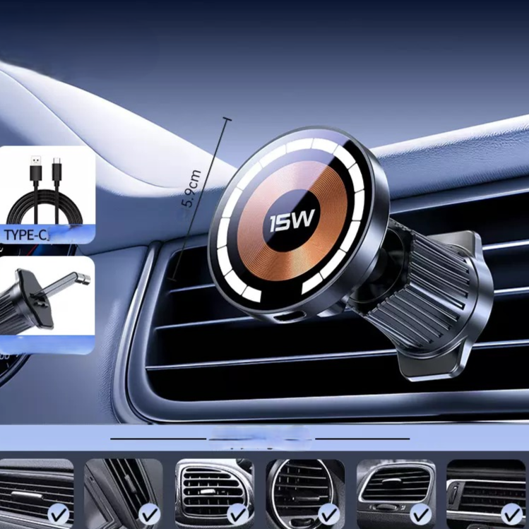 15W Magnetic Wireless Car Charger, Air Vent Mount for iPhone Samsung, Fast Charging Phone Holder