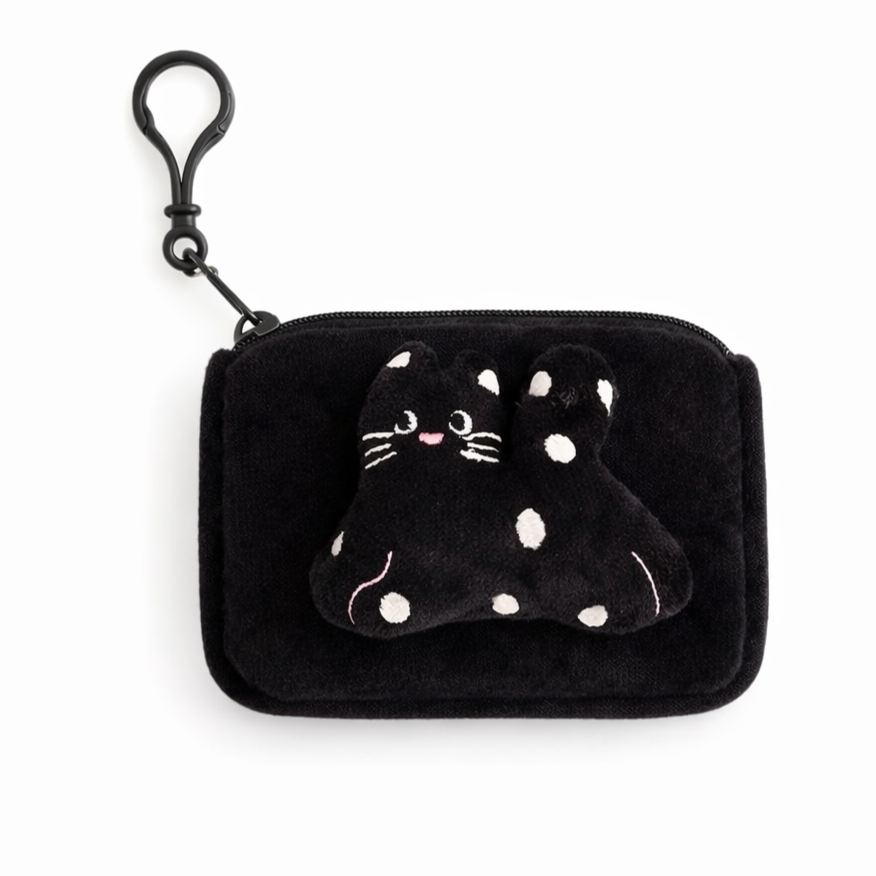 Cute Cat Plush Coin Pouch – Mini Zipper Wallet with Clip