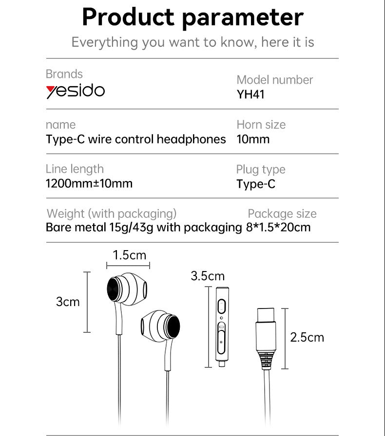 YESIDO YH41 Type-C Aluminum Alloy In-ear Wired Earphone