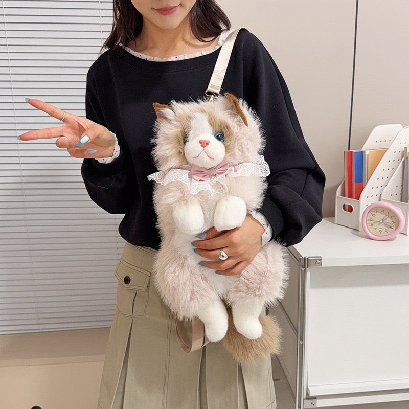 Realistic Ragdoll Cat Plush Backpack Cute Kitten Stuffed Animal Shoulder Bag Soft Plush Toy Gift for Girls Kids