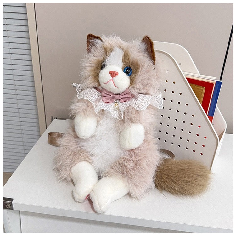 Realistic Ragdoll Cat Plush Backpack Cute Kitten Stuffed Animal Shoulder Bag Soft Plush Toy Gift for Girls Kids