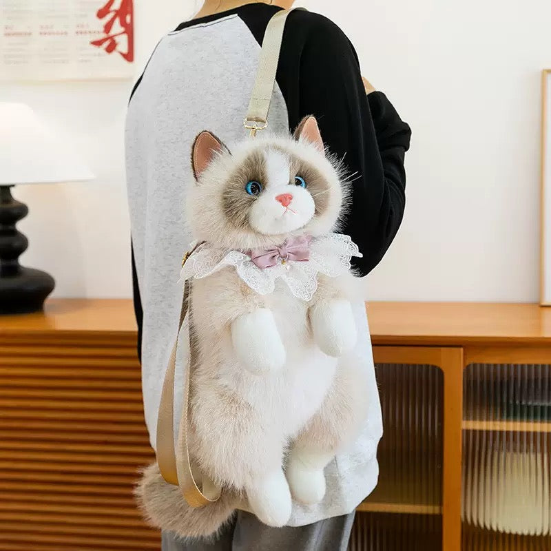 Realistic Ragdoll Cat Plush Backpack Cute Kitten Stuffed Animal Shoulder Bag Soft Plush Toy Gift for Girls Kids