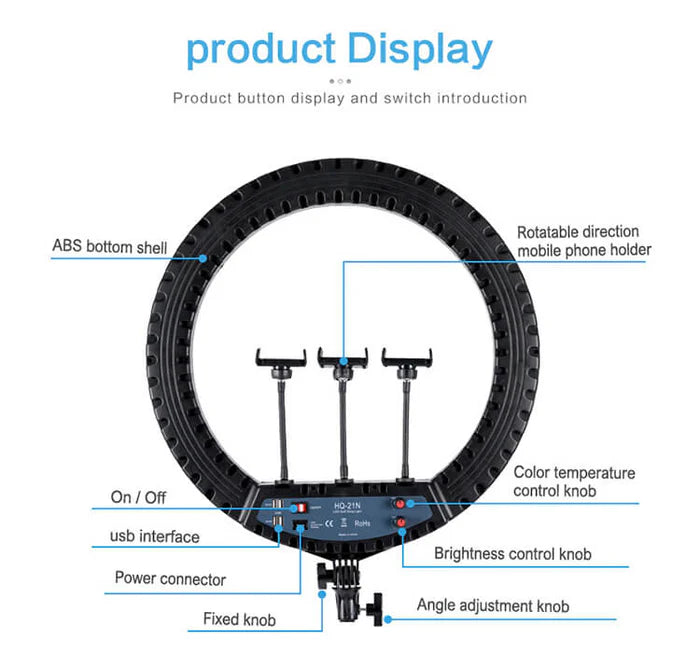 HQ 21-inch 53cm LED Soft Ring Light with 3 Phone Holders