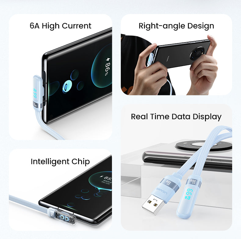 USAMS-SJ651 Type-C 6A Digital Display Fast Charging Elbow Data Cable 1.2m