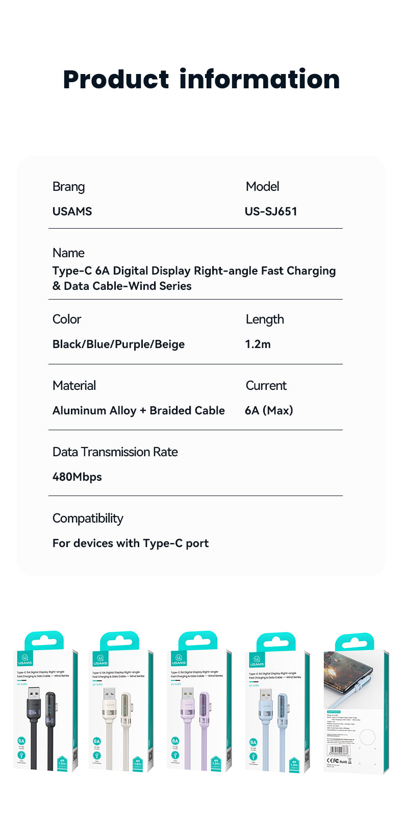 USAMS-SJ651 Type-C 6A Digital Display Fast Charging Elbow Data Cable 1.2m