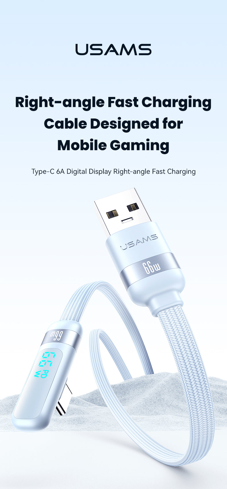 USAMS-SJ651 Type-C 6A Digital Display Fast Charging Elbow Data Cable 1.2m