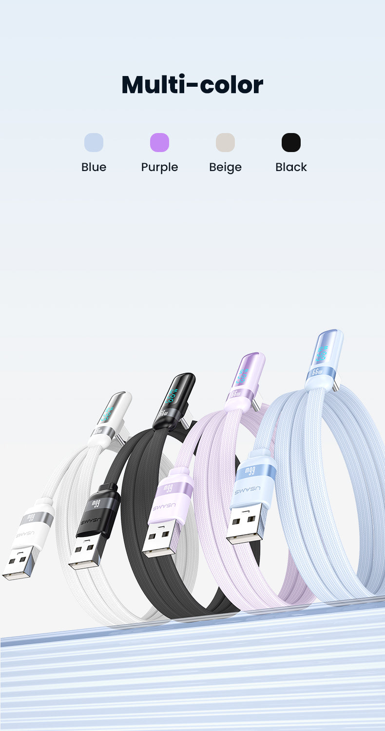USAMS-SJ651 Type-C 6A Digital Display Fast Charging Elbow Data Cable 1.2m