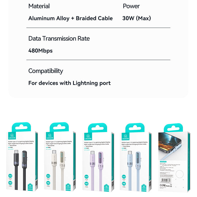 USAMS-SJ652 PD30W Type-C To Lightning Digital Display Fast Charging Elbow Data Cable 1.2m