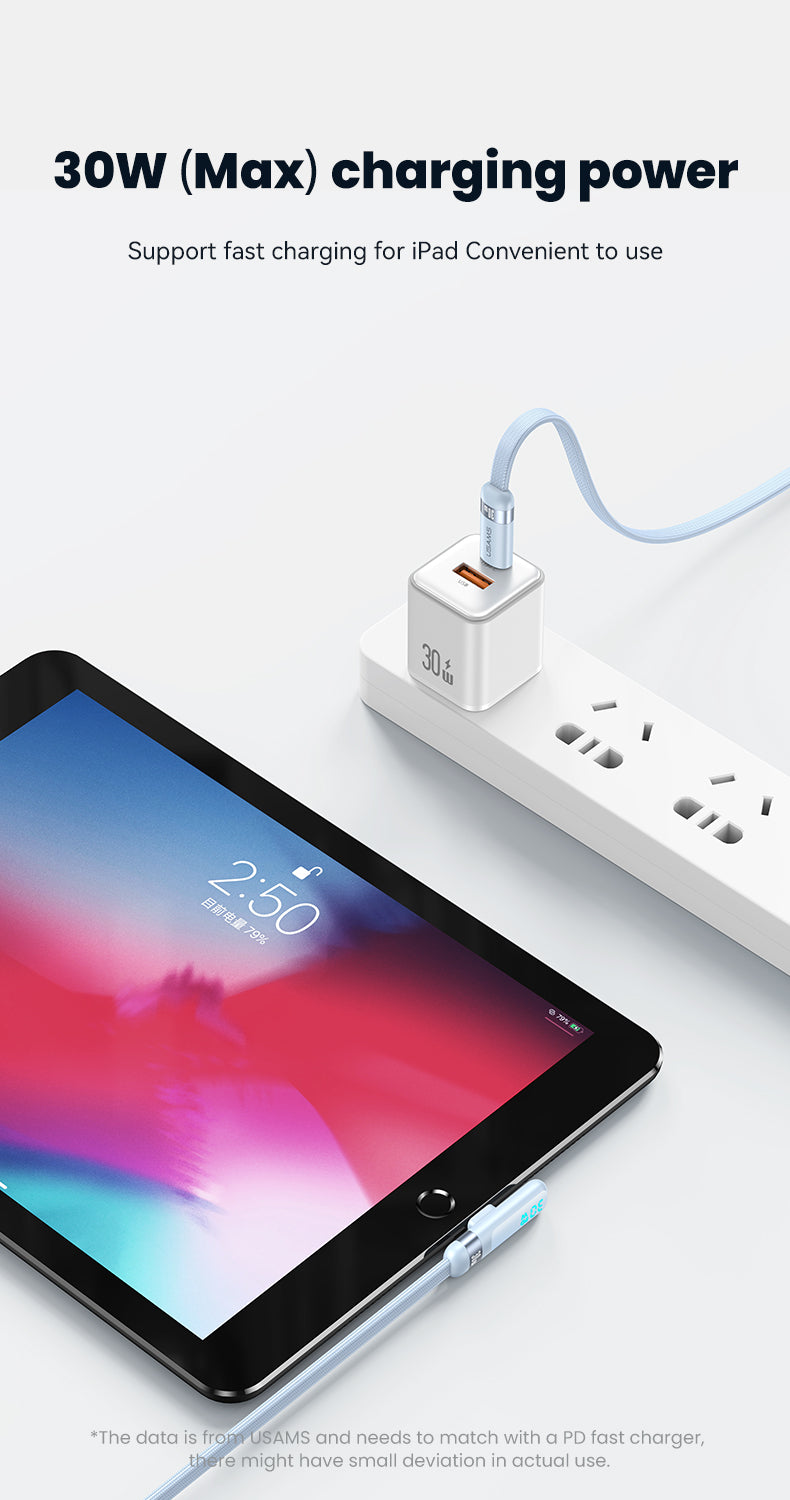 USAMS-SJ652 PD30W Type-C To Lightning Digital Display Fast Charging Elbow Data Cable 1.2m
