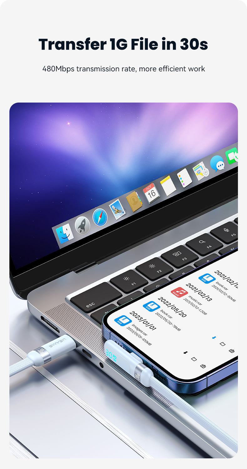 USAMS-SJ652 PD30W Type-C To Lightning Digital Display Fast Charging Elbow Data Cable 1.2m