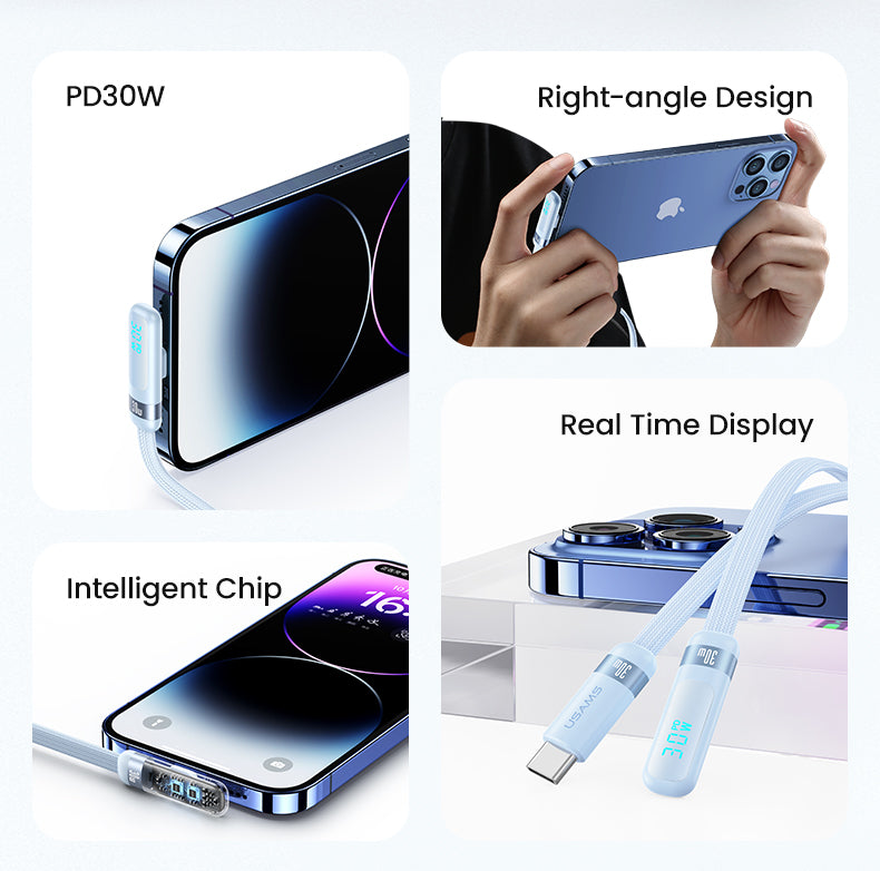 USAMS-SJ652 PD30W Type-C To Lightning Digital Display Fast Charging Elbow Data Cable 1.2m