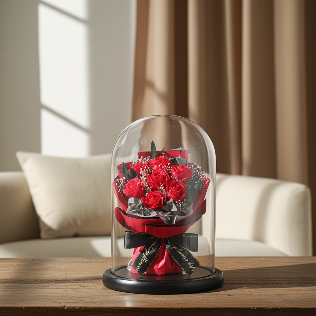LED ENCHANTED ROSE FLOWER BIG GLASS DOME