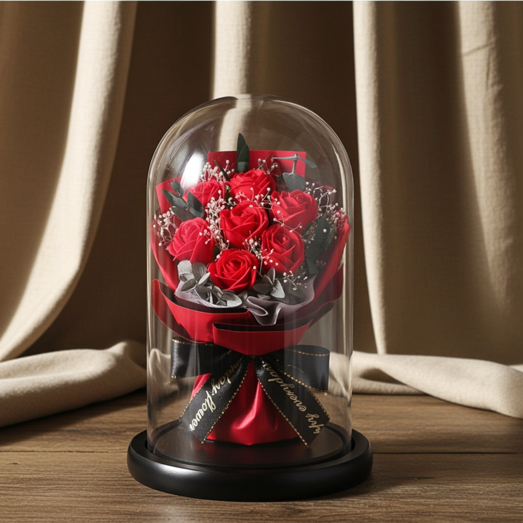 LED ENCHANTED ROSE FLOWER BIG GLASS DOME