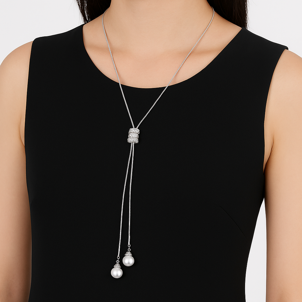 Elegant Zircon & Pearl Long Necklace