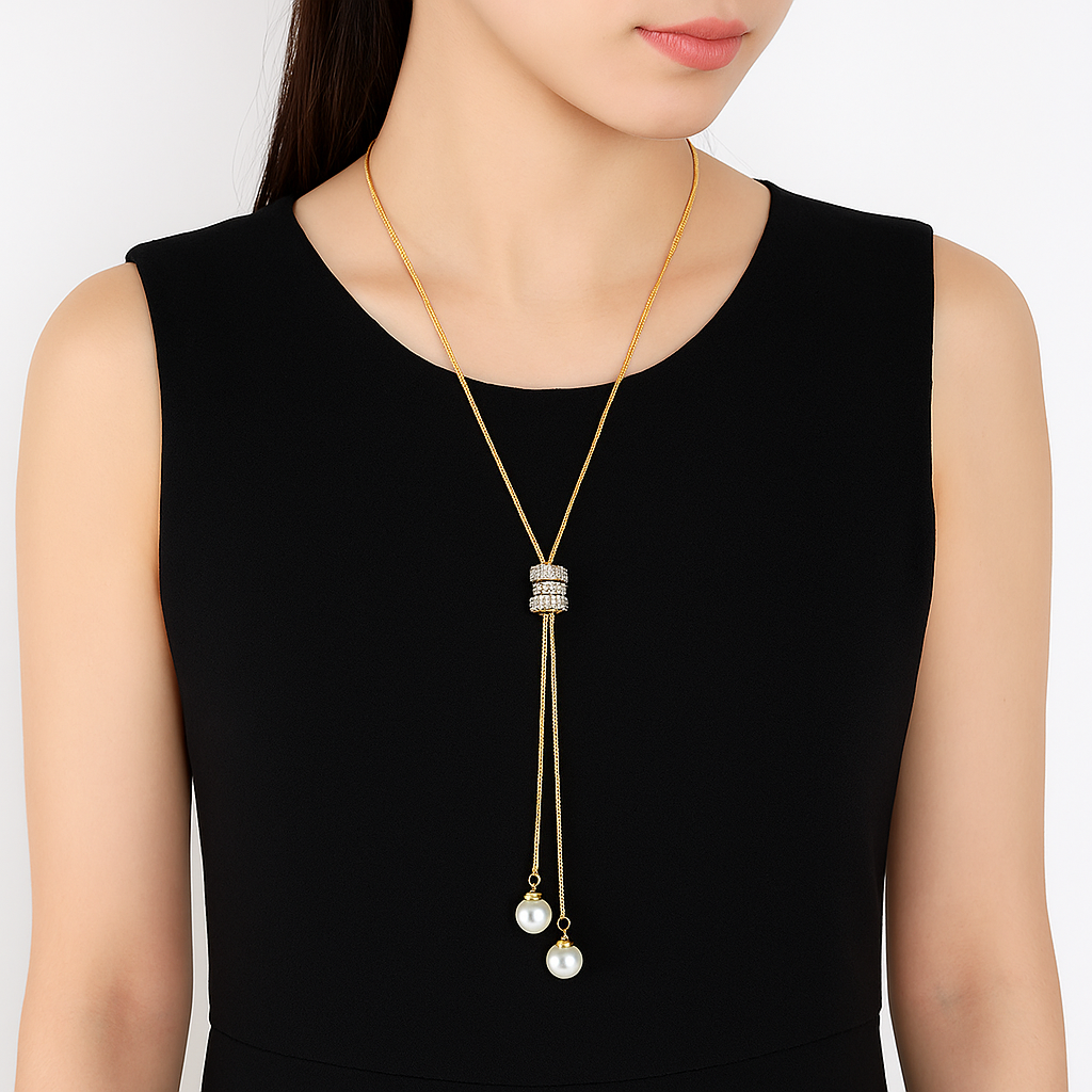 Elegant Zircon & Pearl Long Necklace