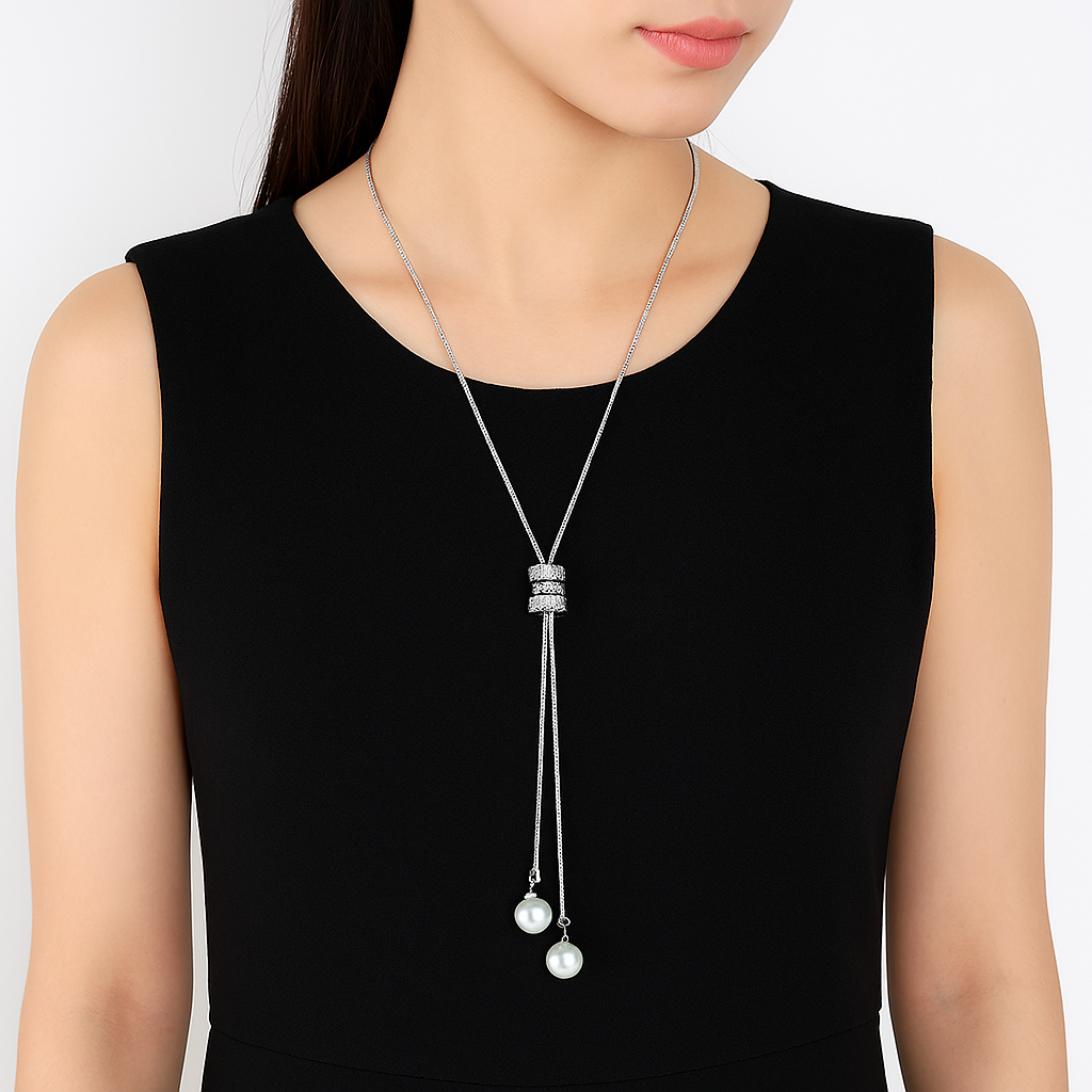 Elegant Zircon & Pearl Long Necklace